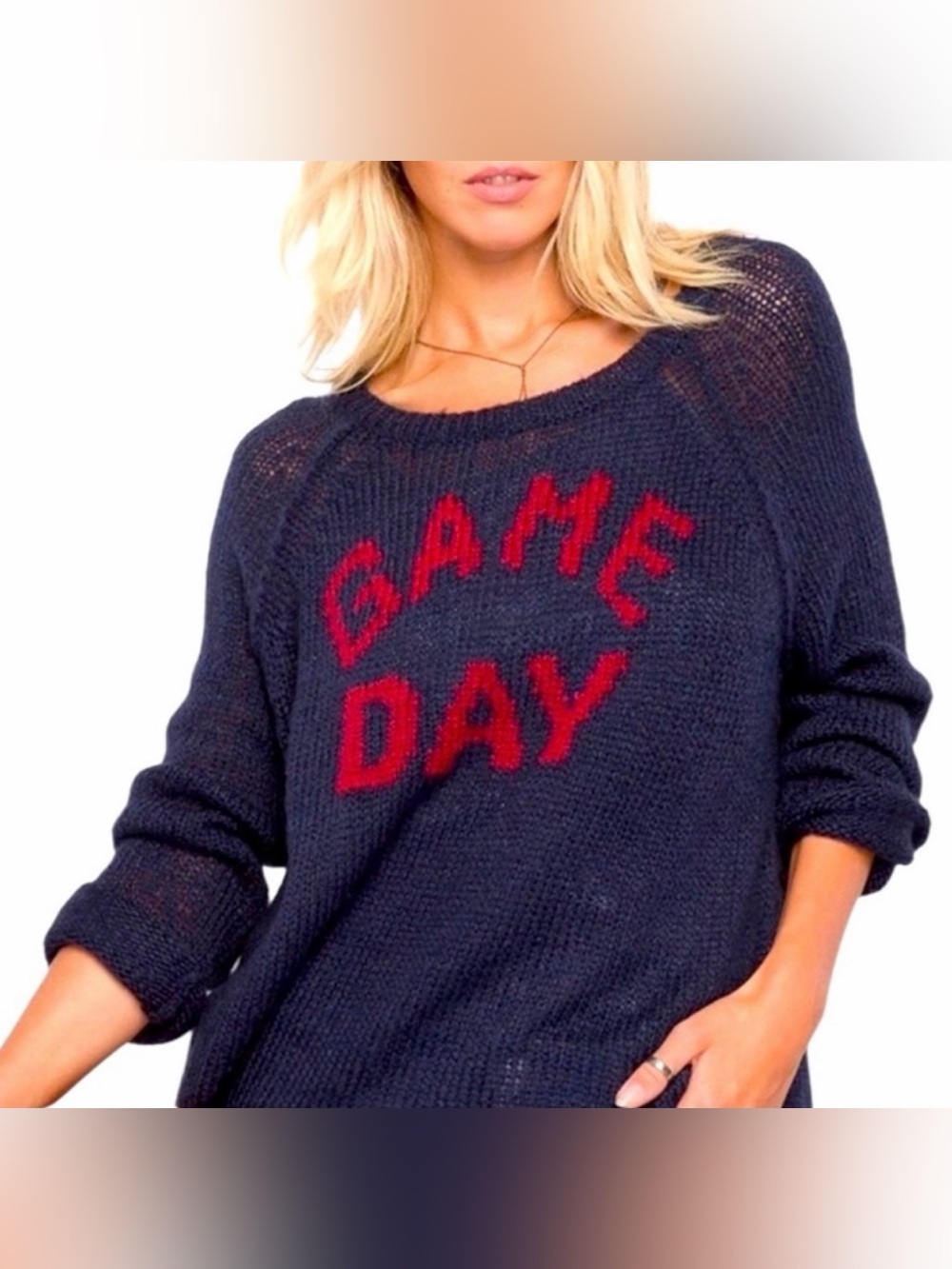 Wooden Ships Game Day Navy Blue Red Knit Sweater S/M Paola Buendia Soft Long Slv